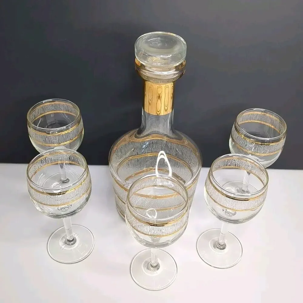 Mid Century 22K Gold CULVER VALENCIA Glass Decanter 5 Stem Wine Glasses